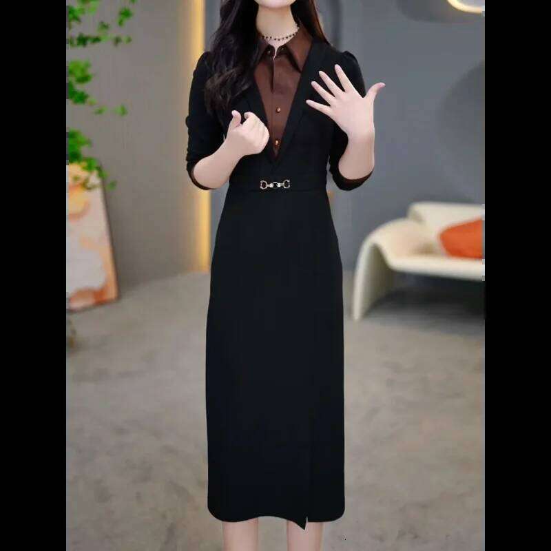 Fashionable Temperament Autumn New Waist Slim Splicing Elegant Dress Mid-length Skirt XJ260130