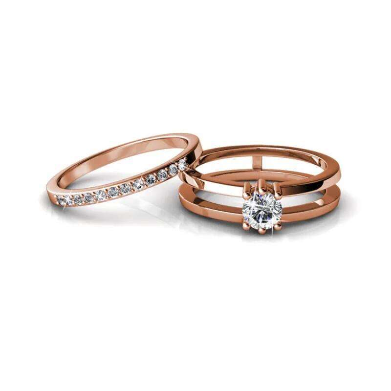 Daisini 2 in 1 Wedding Ring with Crystals Luxury Rose Gold Color Double Row for Women Romantic Engageme Party Jewelry XJ260130