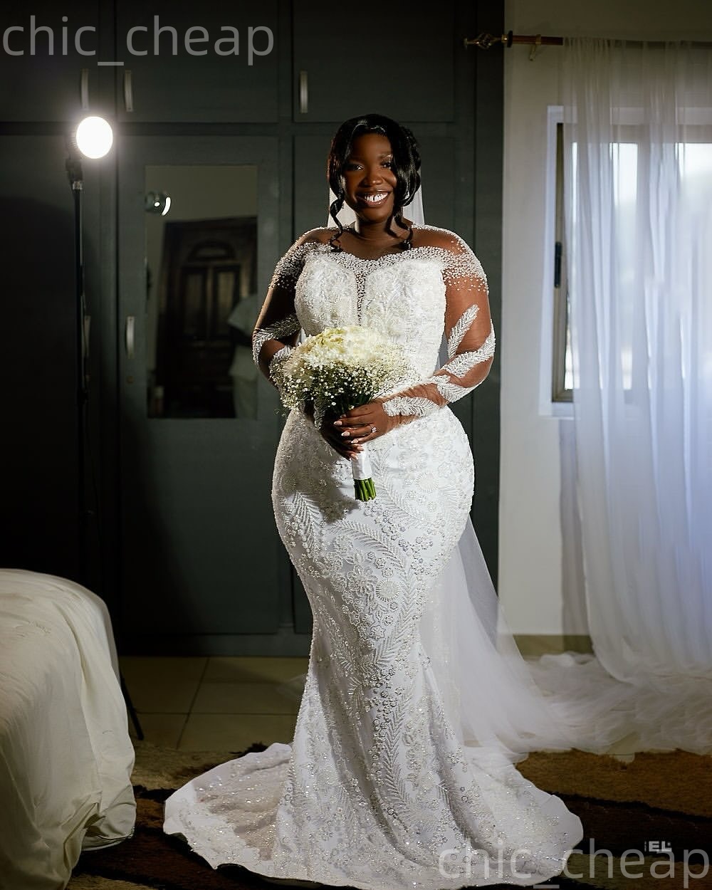 African Aso Ebi 2026 Ivory Mermaid Wedding Dress Beaded Appliques Sheer Neck Sequined Full Sleeves Vintage Charming Bridal Gowns Dresses ZJ2341