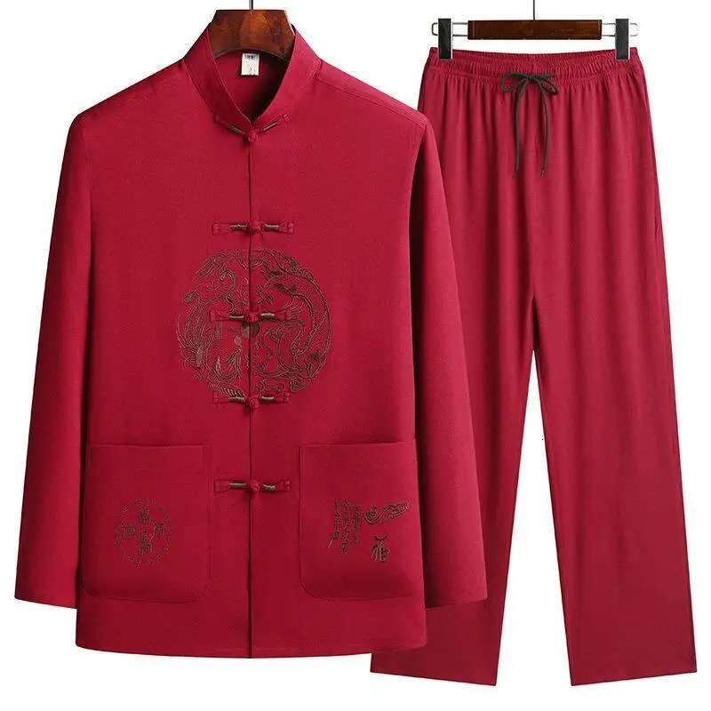 Male printing Chinese style long sleeves shirts trouser 100 Cotton Silk fabric Sportswear Mens Casual Sets Shirts Pants260130