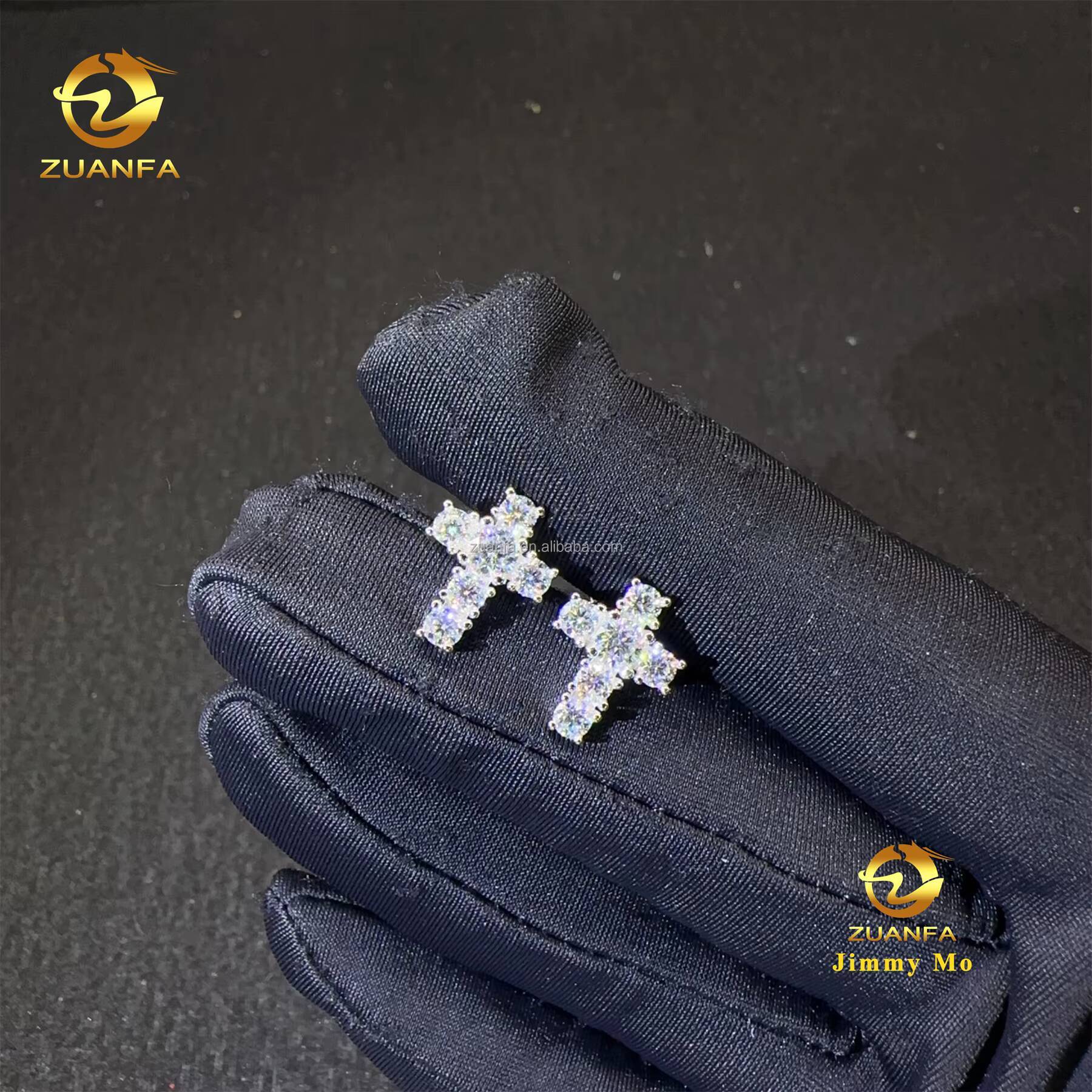 Bulk Stock Drop Shipping Rapper Jewelry Iced Out Hip Hop Sterling Silver 925 Screw Back Moissanite Diamond Cross Stud Earrings