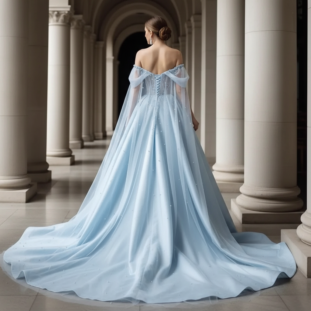 Elegant Light Sky Blue Satin Evening Dresses With Cape Wrap Off-Shoulder Front Slit A-Line Long Chic Formal Gowns Appliques Beaded Prom Dress 2026