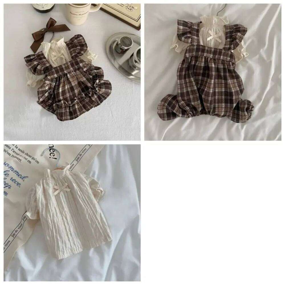 Retro Strap Skirt Breathable Thin Design Cat Plaid Pleated Shirt Soft Flying Sleeve Pet Clothes For Puppy Kittens H260129