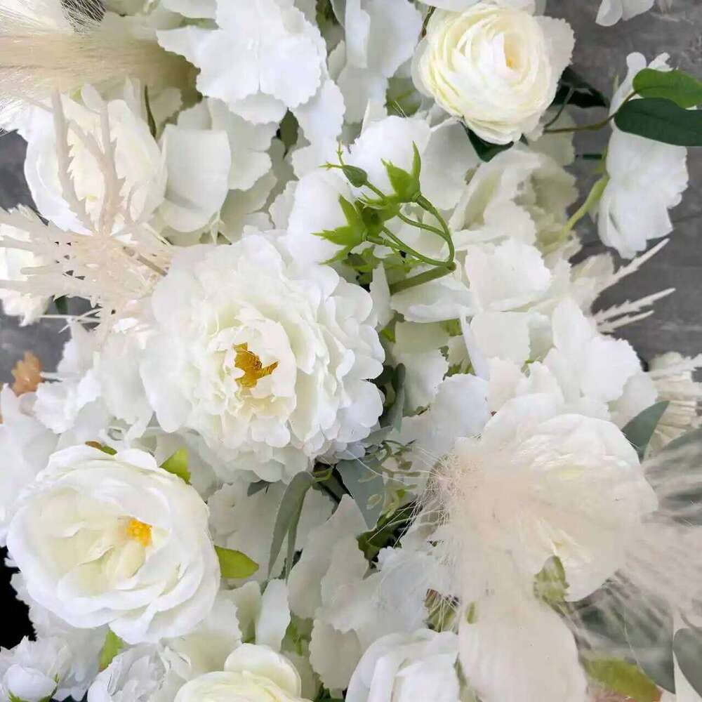 Uflower 100/200cm White Rose Green Leaf Artificial Long Runner Row Flower Wall Wedding Backdrop Decor Event Party Props W260130