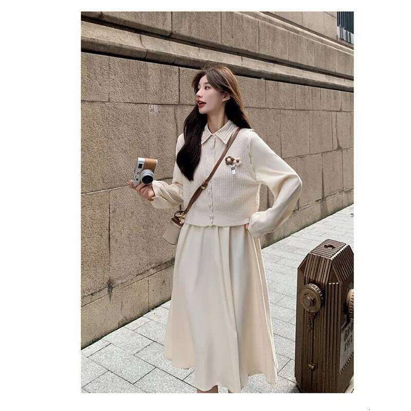 Collar Suit Spring and Autumn Women's New College Style Knitted Vest Dress Two-piece Set XJ260130