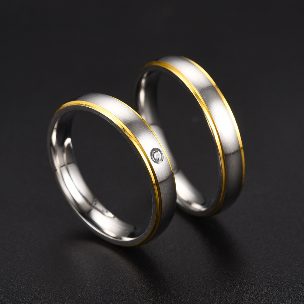New Style Titanium Steel Double Step Gold Zircon Ring Couple Rings Source Manufacturer