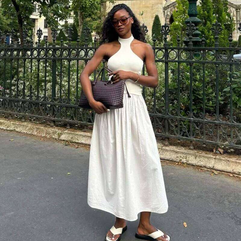 Dresses Summer Women's 2025 New Chic Elastic Slim Elegant Hanging Neck Long Women Street Fashion Youth Holiday Dress XJ260130