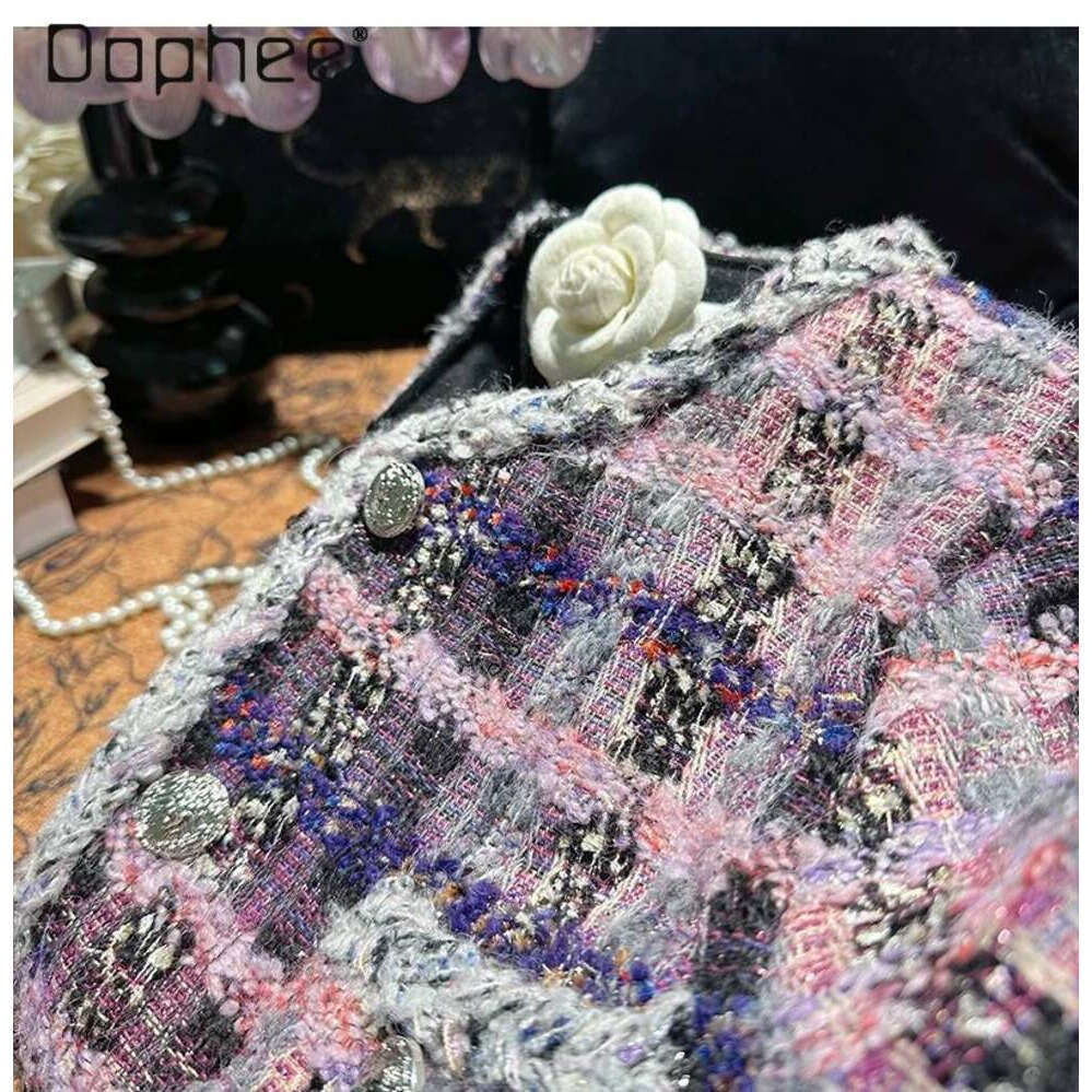 ZHE HAN Korean Ins Trend Single-Breasted Shiny Woolen Loose Short For Women French Style Elegant Socialite Plaid Tweed Coat Female