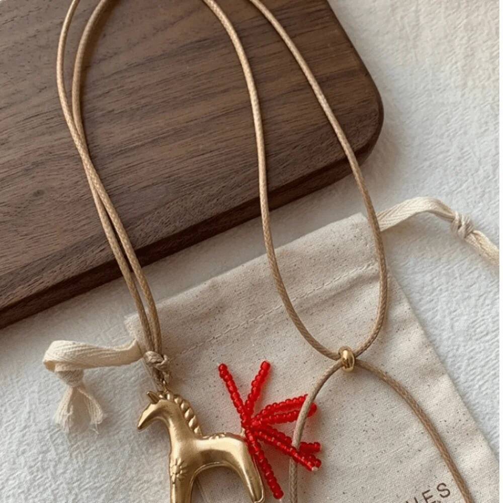 Creative Sweater Chain Pony Pendant Horse Long Wax Rope Jewelry Accessories Golden PU Leather Necklace Women