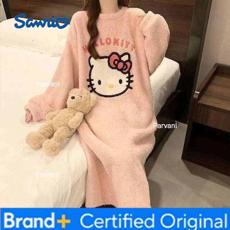 Sanrio Hello Kitty Cartoon Women Sleep Dress Coral Fleece Thickened Student Dormitory Sweet Mid Length Homewear Autumn Winter H260130
