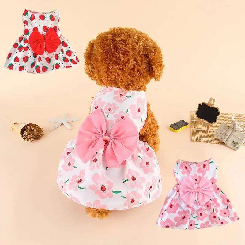 Pink Floral Dog Princess Dress Large Back Bow Soft Tulle Skirt for Small Dogs Summer Outfit Poodle Chihuahua Pet Photography H260130