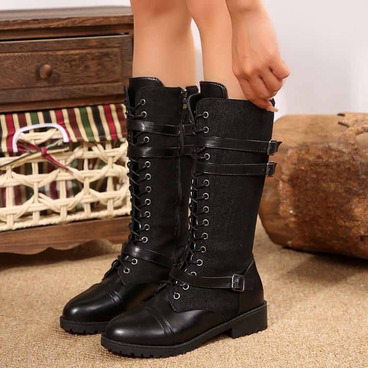 Large Size Belt Buckle Long Tube Riding for Women, New Autumn Round Toe Chunky Heel Lace-up Leather Boots