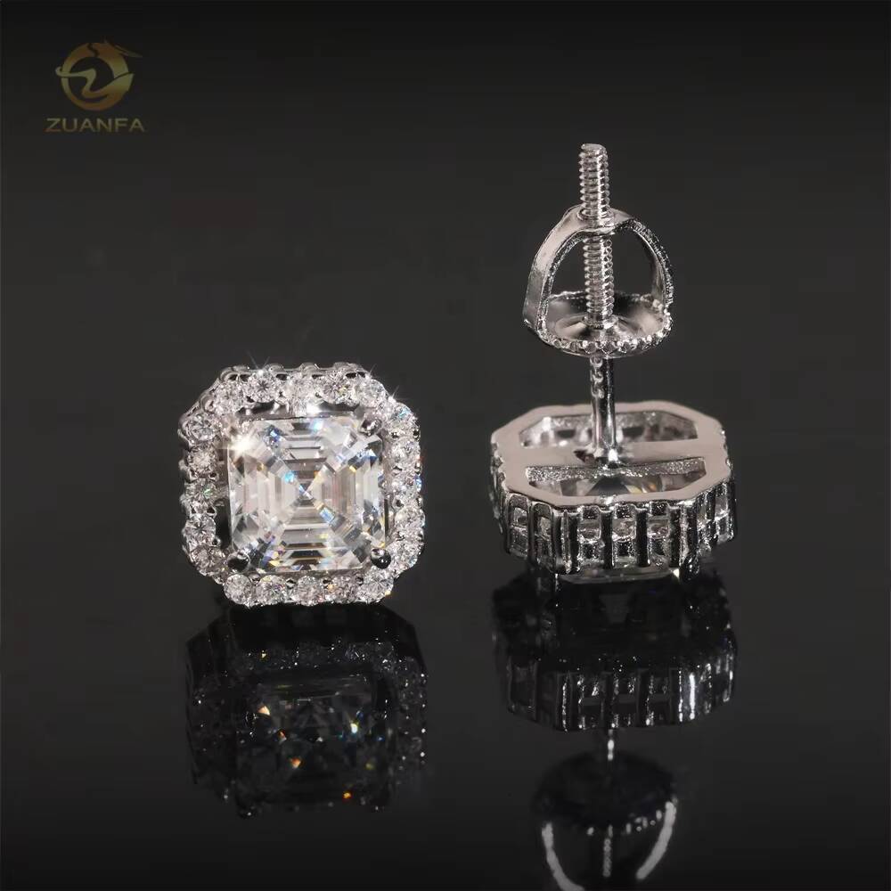 Wholesale Price Hip Hop Halo Asscher Cut Gemstones VVS Moissanite Silver Men Gold Plated Earrings