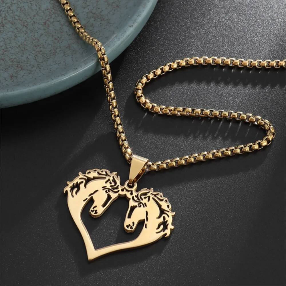 Hiphop Hollowed Out Horses Pendant Necklace For Men Women Rock Punk Gold Color Stainless Steel Box Neck Chain Jewelry Gifts