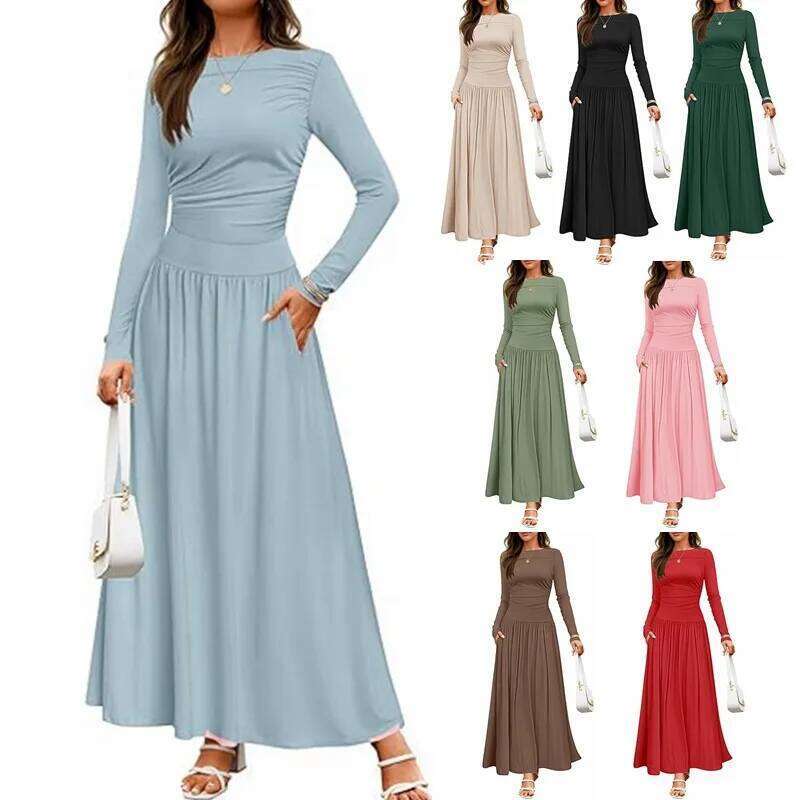 Autumn New Arrivals Women Long Sleeve Maxi Dress Comfortable Fit Ruched Detail Multi Color for Casual Everyday Wear XJ260130
