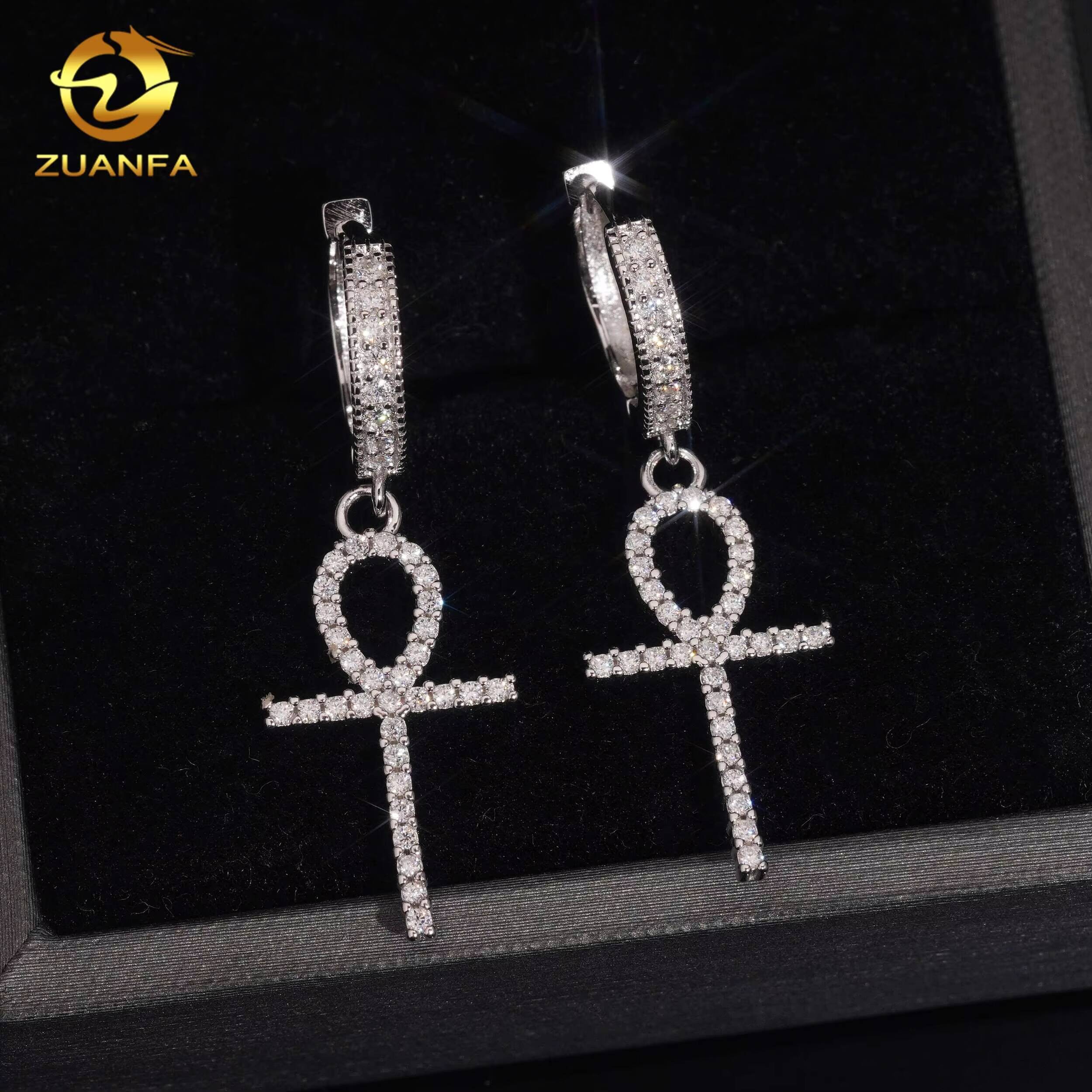 37mm Tall One Row Ankh Cross Stud Earrings Moissanite 925 Silver Real Gold Plated Hip Hop Jewelry Mens Moissanite Earrings
