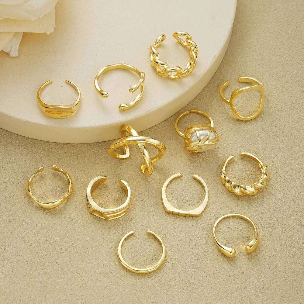 12 Pcs/Set Fashion Gold Color Irregular Geometric Open Rings For Women Men Punk Metal Adjustable Knuckle Joint Ring Jewelry Gift XJ260130