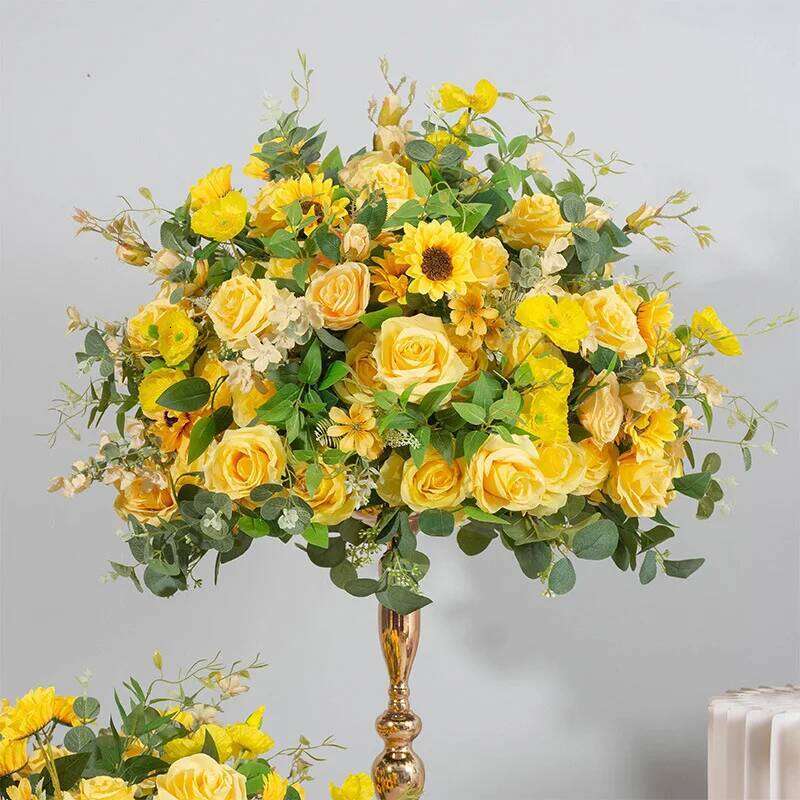 Yellow Rose sunflower green leaf Artificial Large Ball Flower Row Runner Wedding Backdrop Decoar Event Party Props W260130