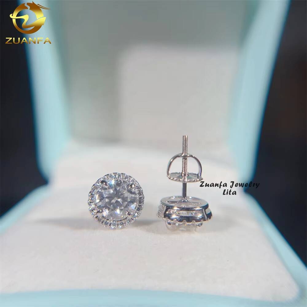Fashion Jewlery Iced Out Halo Design 1ct Center Stone Silver Stud Moissanite Earrings