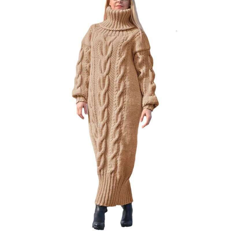 Cross-Border Amazon European and American Autumn Winter New Long High Neck Loose Cable Knit Solid Color Elegant Sweater for Women Casual