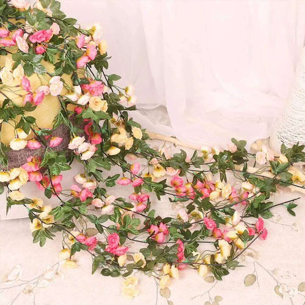 2.2M Artificial Rose Vine with Blooms White pink Faux Floral Hanging Decor for Wedding Indoor Durable Plastic Plant Y260130