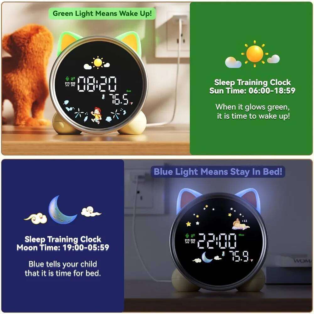 Kids Alarm Clock Ready Rise Children's Sleep Trainer Night Light Sound Machine Cute Cat Design Fun to Wake for Toddlers Gift W260130