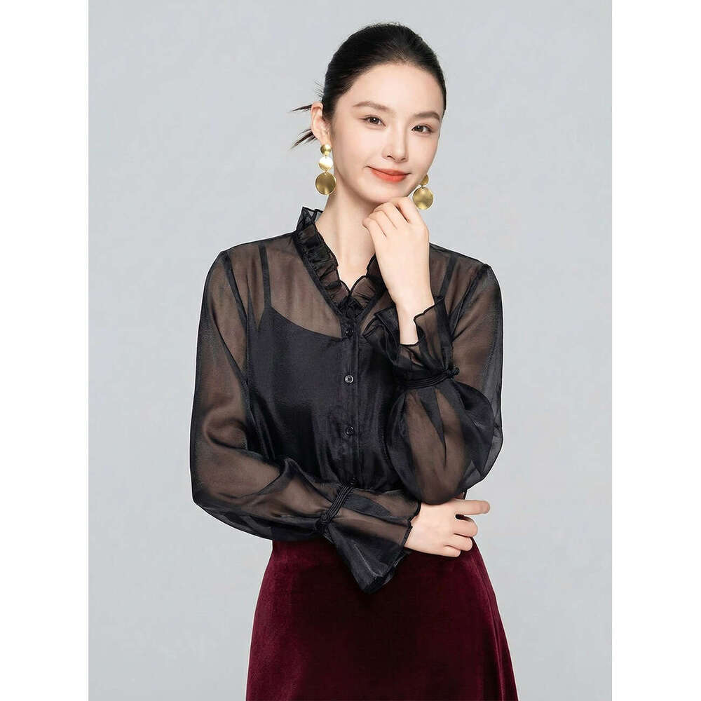 Zhihetang Retro Chinese Style Soft Gauze V-Neck Ruffled Long Sleeve Shirt For Women High-End Versatile Top LEEGO LENS