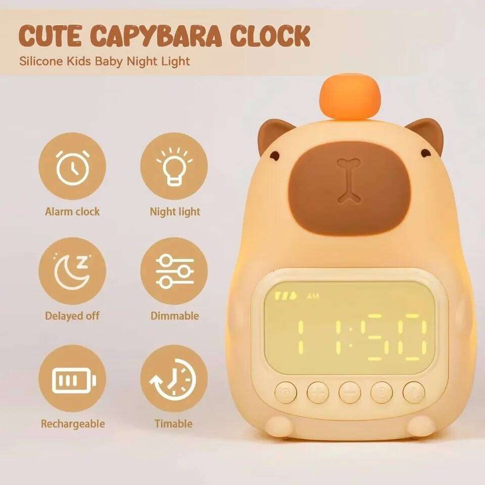 Cute Cartoon Alarm USB Rechargeable Silicone Capybara Night Light ABS Bedside LED Clock Desktop Decoration W260130