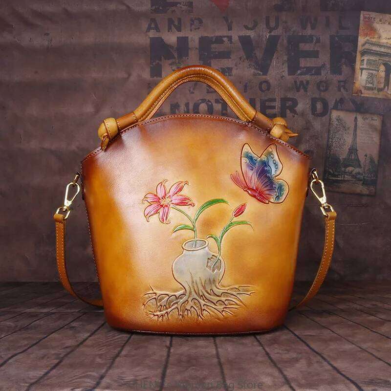 Women S Fashion Emboss Elegant Retro Handbag Bucket Shoulder Crossbody Bag National Style Top Handle Office Daily KABAHEBINGJUE