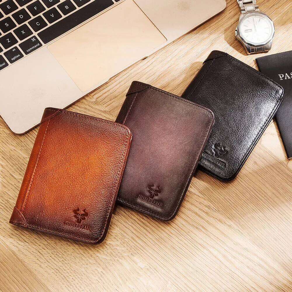 Genuine Leather RFID Protect Wallet for Men Slim Trifold Front Pocket Money Bag Anti-theft Brush Head Layer Cowhide Card Holder Z260130