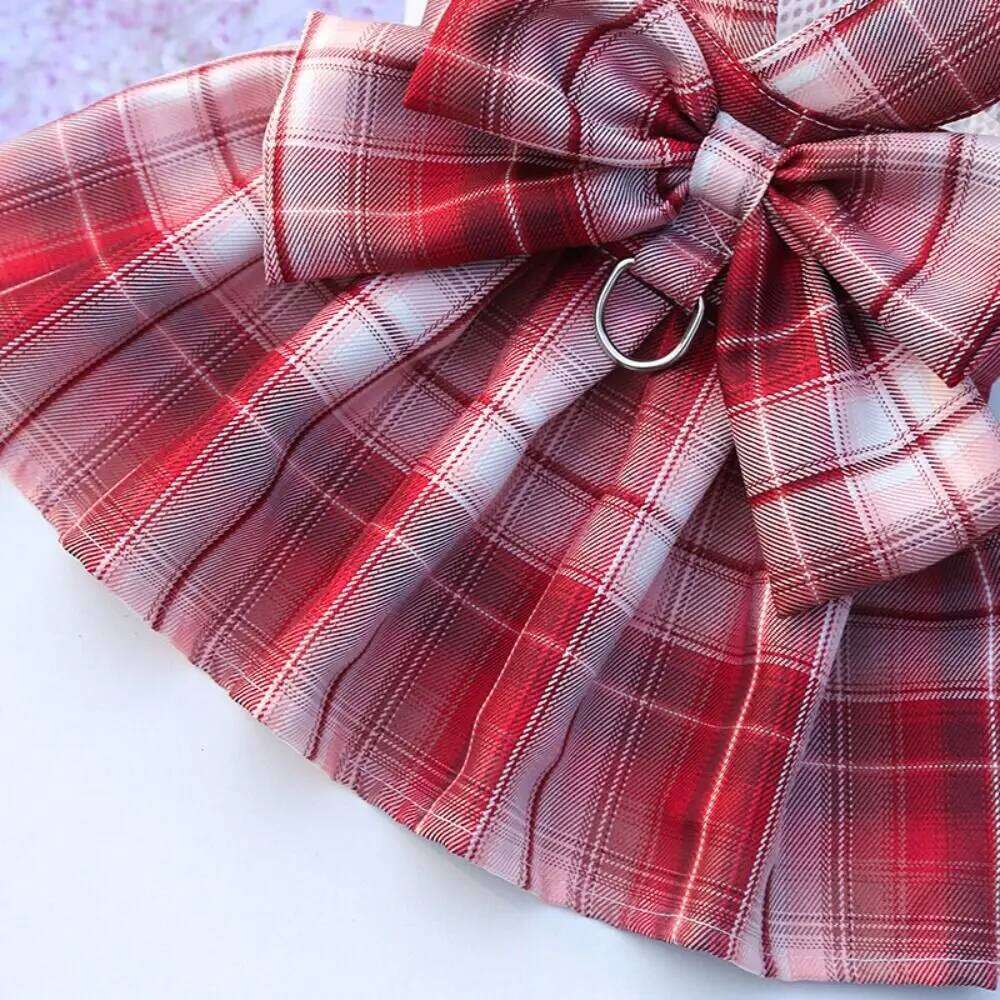 with Leash Traction Plaid JK Dress Thin Comfortable Pet Harness Adjustable Dacron Dog Bow Skirt Cat H260129