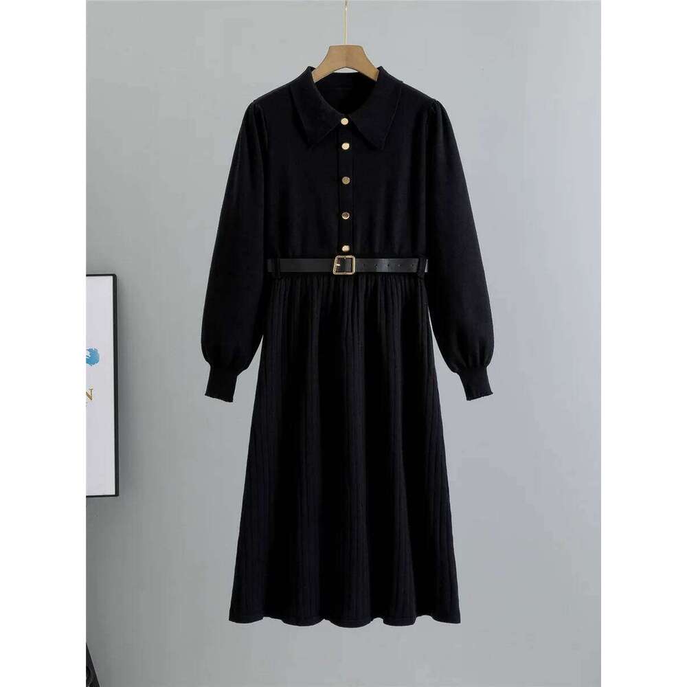 Elegant New Knit A-lined Slim Dress With Belt Korean Design Polo Neck Knitwears Solid Vestidos Fall Winter Long Sleeve Dresses XJ260130