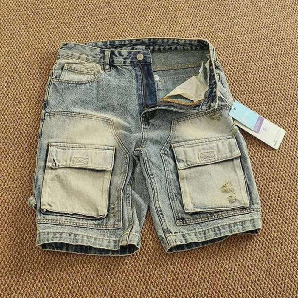 Men's jean shorts Vintage Basketball Shorts for Summer Denim Medium Pants Fashion High Street Trend Baggy Multi-pocket Cargo Quarter Outdoor Recr