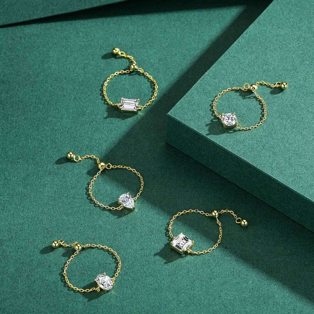 FEOBUR 1CT Certified Moissanite Chain Ring for Women Oval Pear Cut Lab Diamond Adjustable Rings 925 Sterling Silver Fine Jewelry XJ260130