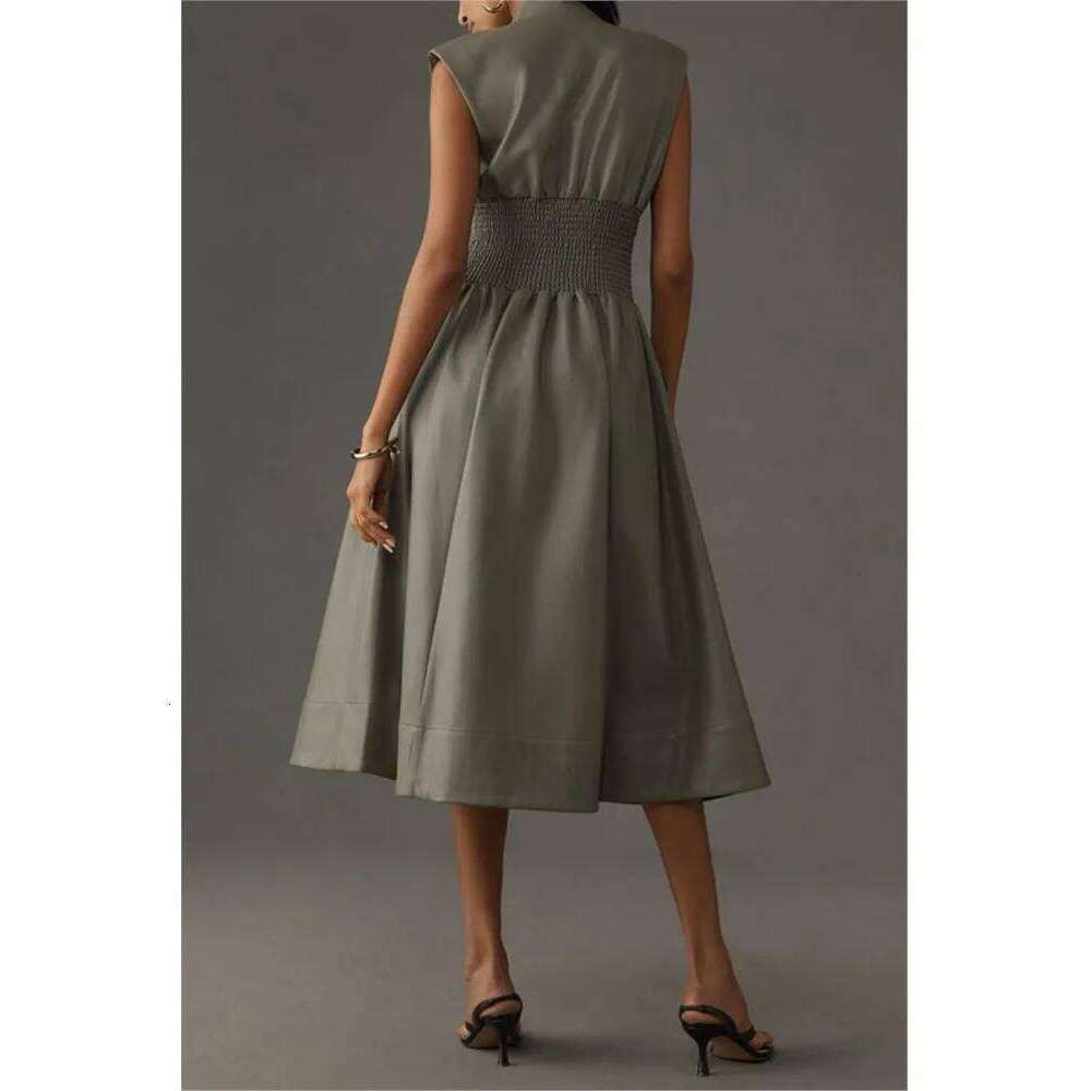 PU Leather Zipper Long Dress Women Summer Sleeveless Elastic Waist Tight Retro Elegant Pleated Dresses Office Female Vestidos XJ260130