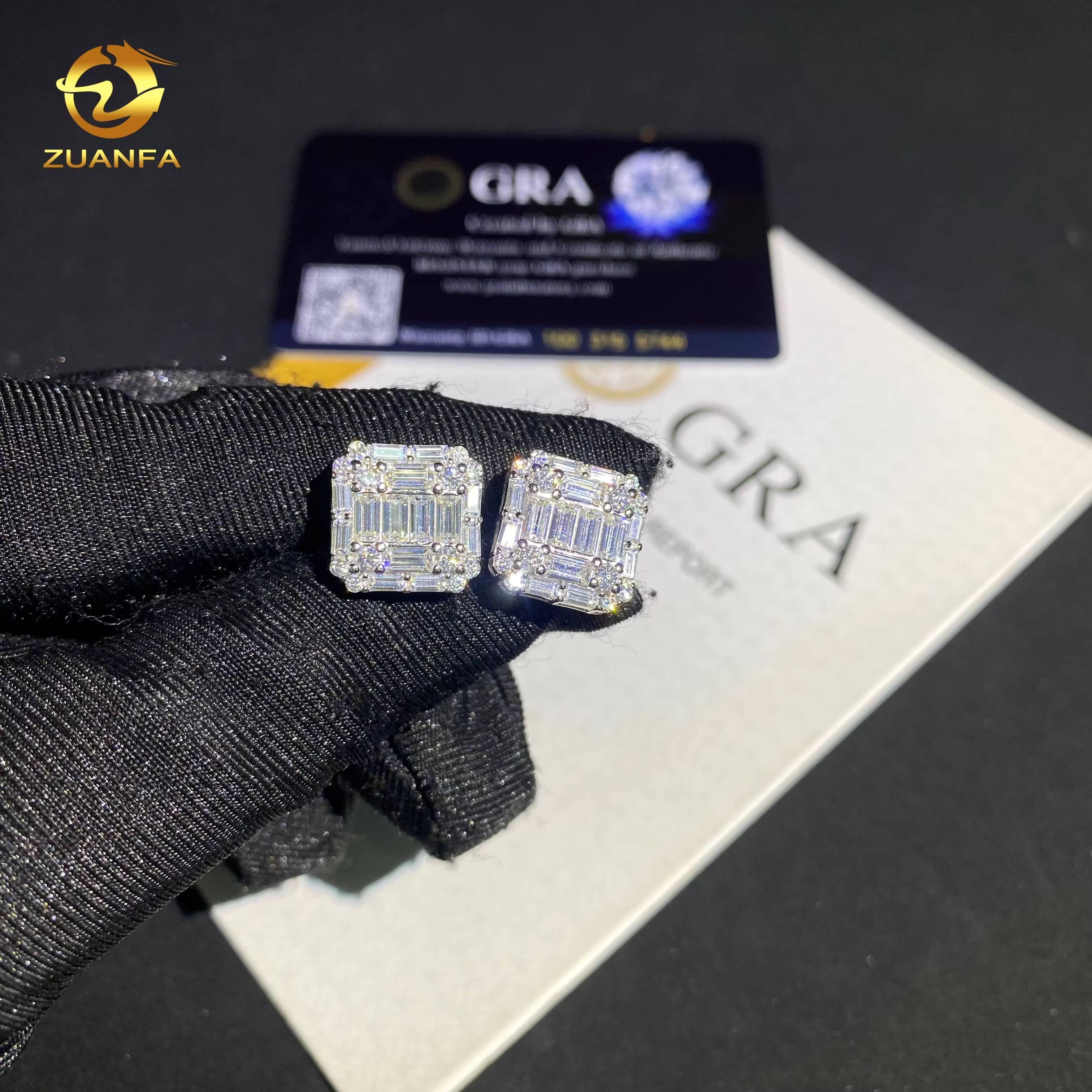 Fashion Hip Hop Jewelry Baguette Iced Out Ear Stud VVS D Moissanite Diamond 925 Silver Flower Stud Earrings GRA Certificate