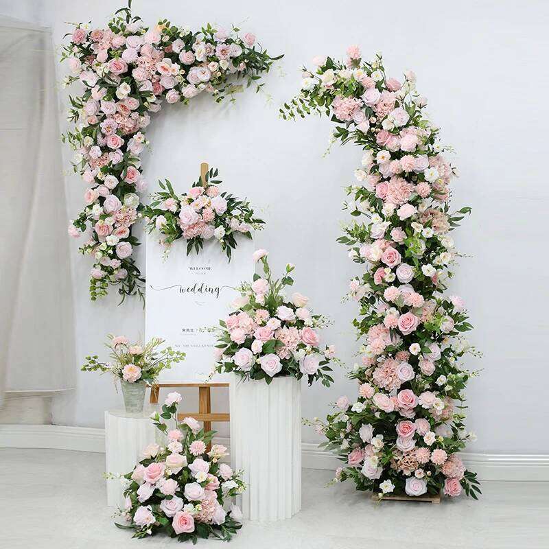 Pink White Rose Hyacinth Floral Arrangement Decor Horn Arch Frame Wedding Backdrop Props Banquet Party Event Stage Floor Flowers W260130