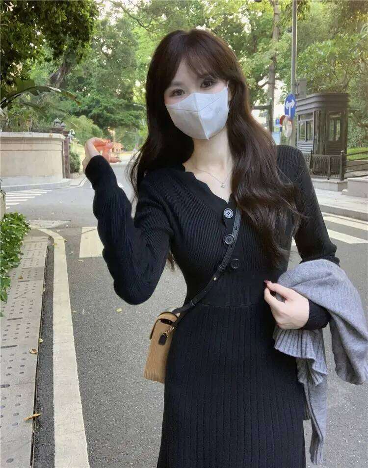 New Autumn Winter French Knitted Inner Dress Women's Slim Mid-length Skirt XJ260130