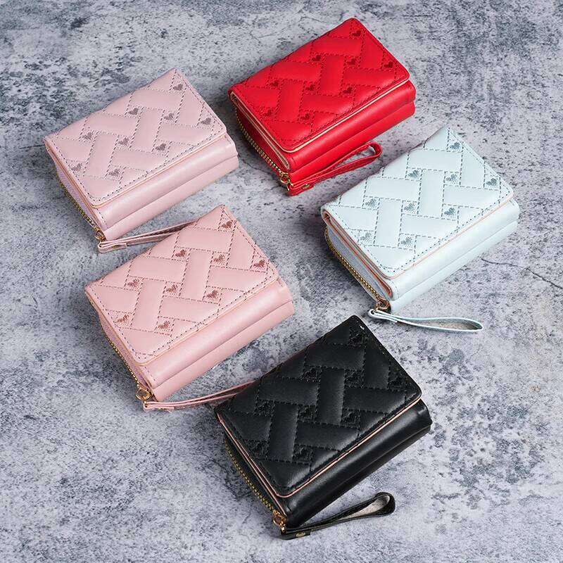 New Women's Short, Simple Embroidered Love PU Zero Multi Small Wallet Clip Card Bag Z260130
