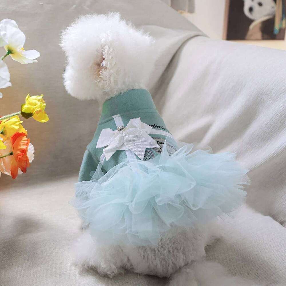 1PC Pet Clothes Dog Cat Autumn Thickened Warm Lake Blue Bow Open Mesh Dress H260130