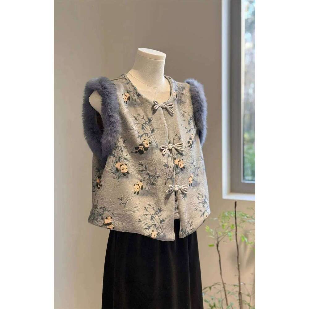 cute panda bamboo printing retro winter warm faux rabbit fur chinese vest fashionable temperament women s singlet