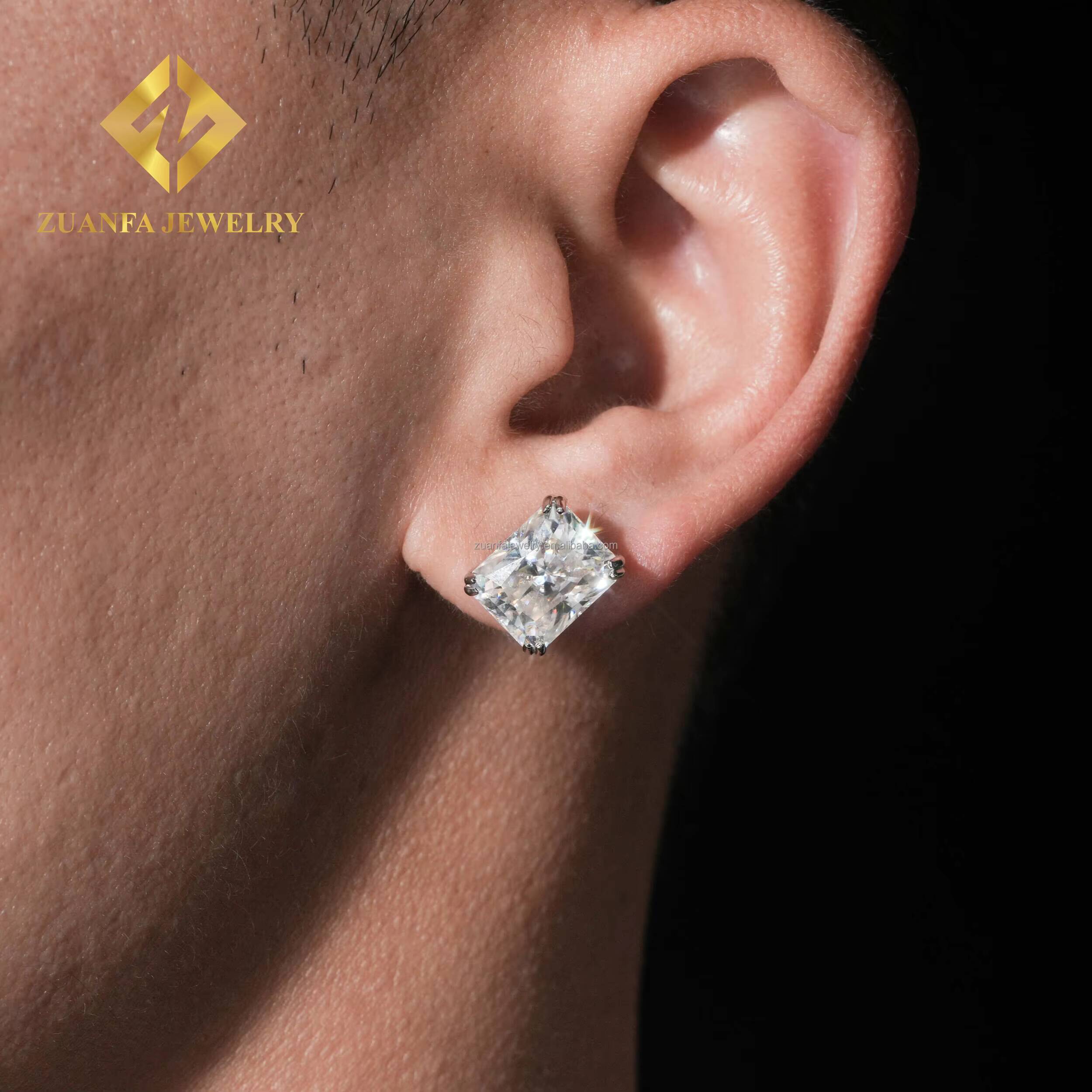 Ready to Ship Retail Price Earrings Jewelry Radiant Fancy Cut Vvs1 Moissanite Diamond 925 Sterling Silver Men Stud Earrings