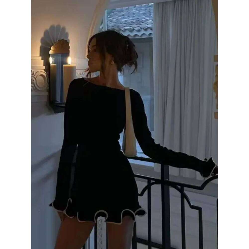 Knit Black Mini Women Autumn Long Sleeve Ruffled 2024 Fashion Elegant Party Dress Commute Female Short Sweater Dresses XJ260130