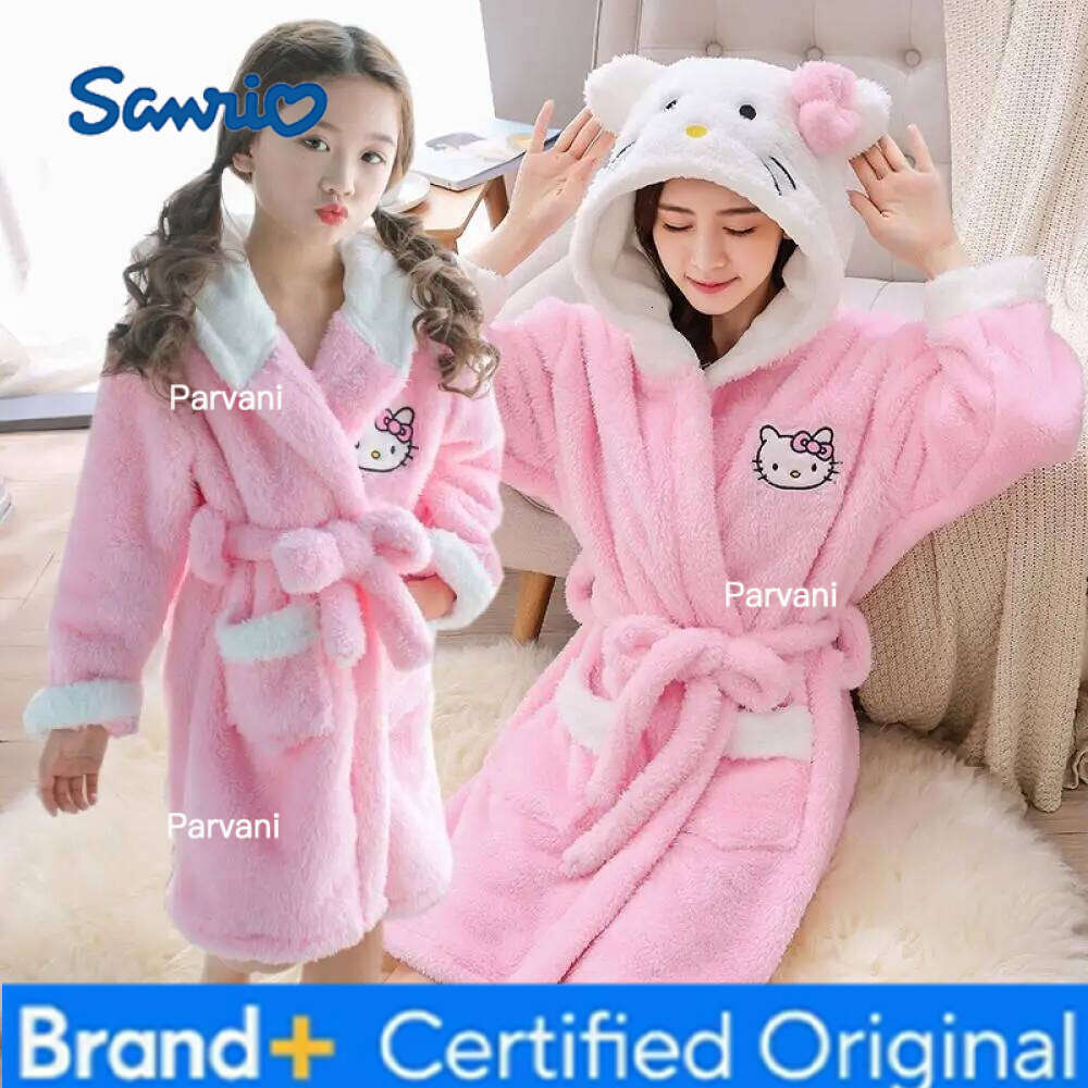 Sanrio s Kawaii Hello Kitty Pajamas Coral Velvet Children Girls Women Bathrobe Cartoon Anime Sleeping Robe Kids Hooded Loungewear H260130