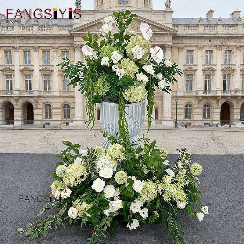 Romantic Green White Hydrangea Rose Wedding Backdrop Flower Runner Decor Floor Floral Row Arrangement Event Party Props Display W260130