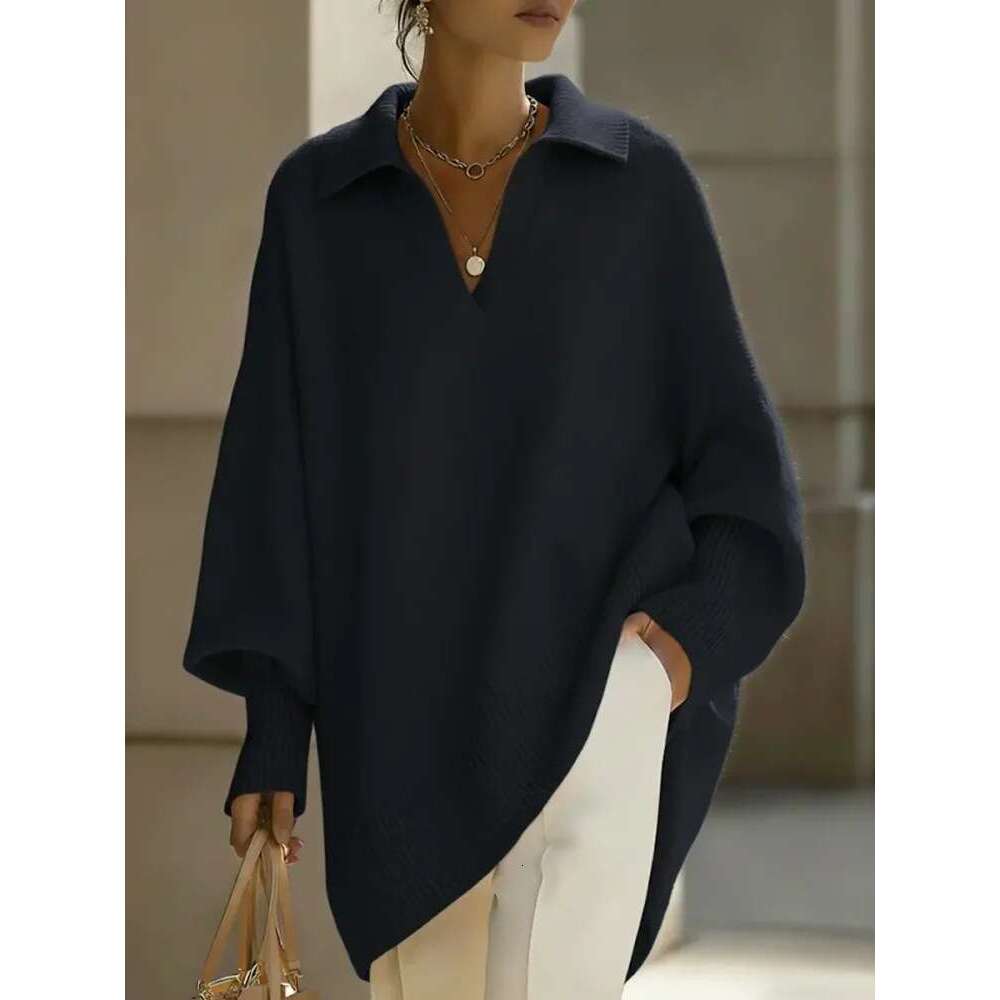 Cross-Border Spring and Autumn New Independent Station Solid Color Long Sleeve Knitted with Turn-Down Collar Loose Lazy Style Outerwear Sweater for Wo