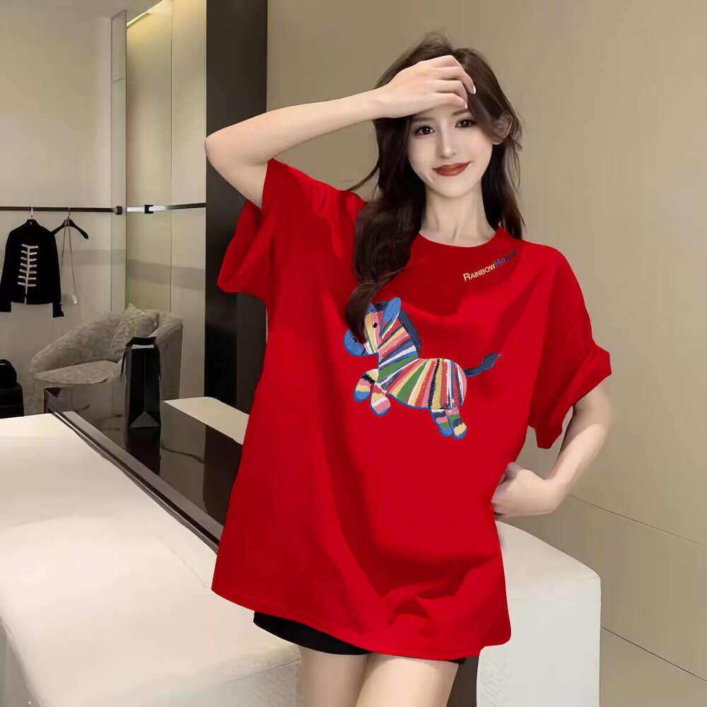 Red pony print cute Women Designer T-shirt 2026 new cotton versatile loose round neck top