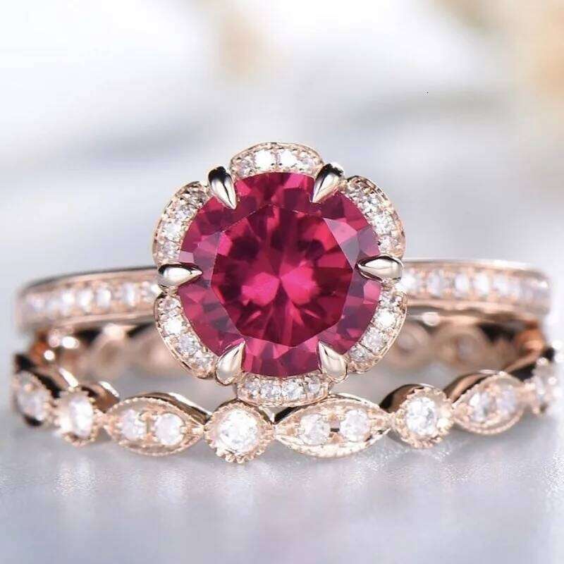 Luxury and round red cubic zirconia chic engagement wedding double ring fashionable women's jewelry XJ260130