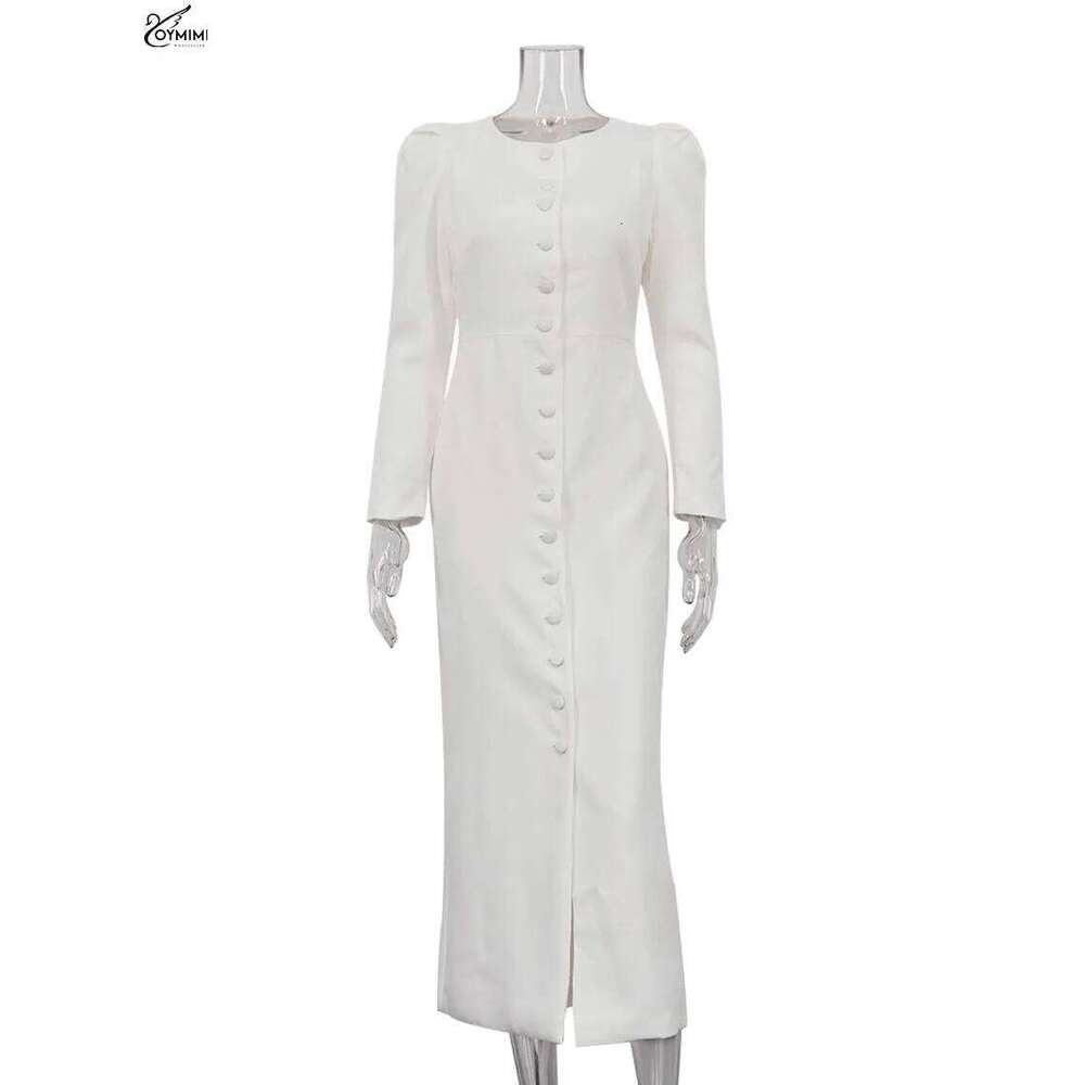 Oymimi Elegant White O-Neck Womens Fashion Wrist Sleeve Single Breasted Dresses Casual High Waisted Ankle-Length Dress XJ260130