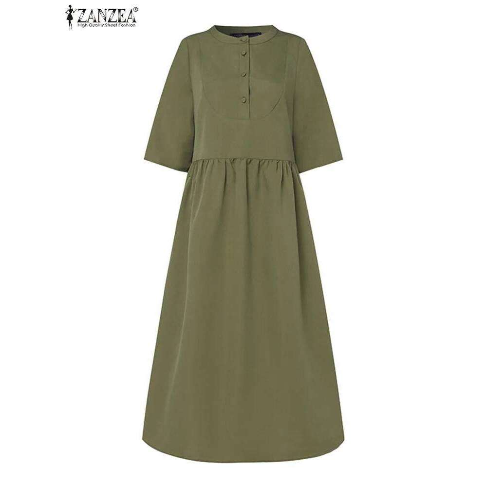 ZANZEA Elegant Commute Midi Dress Half Sleeve Solid Color Autumn Pleated A-line Vestidos O Neck Casual Fashion Women Robe Femme XJ260130